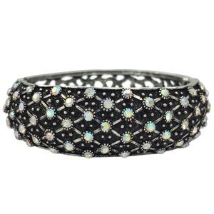 AB Iridescent Rhinestone Dot Silver Statement Hinged Bangle Bracelet